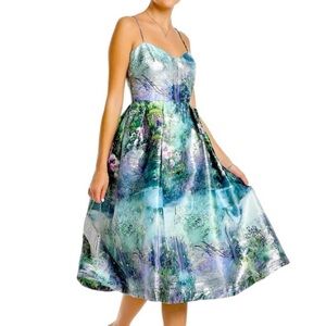 Monique Lhuillier Metallic Sweetheart Jacquard Midi Dress Garden Print Size 8